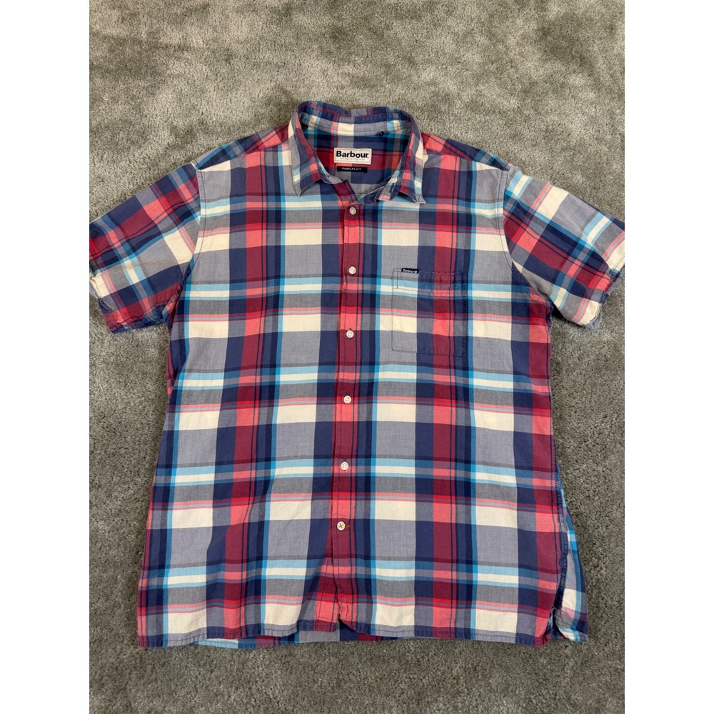 Barbour Short Sleeve Plaid Button Down Shirt MSH5092BL33 Regular Fit Blue Red